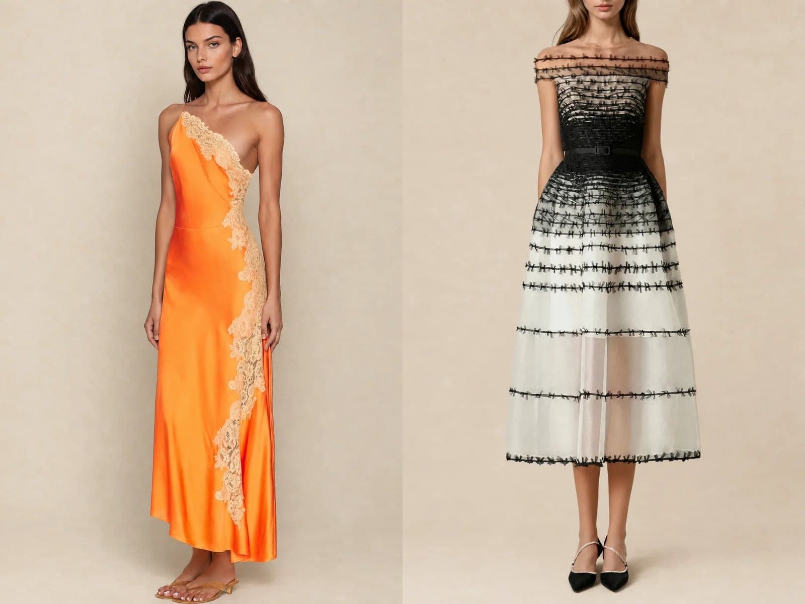 Deux robes de la sélection femme portées en studio : une robe longue en satin orange à dentelle et une robe midi en mesh noir et blanc