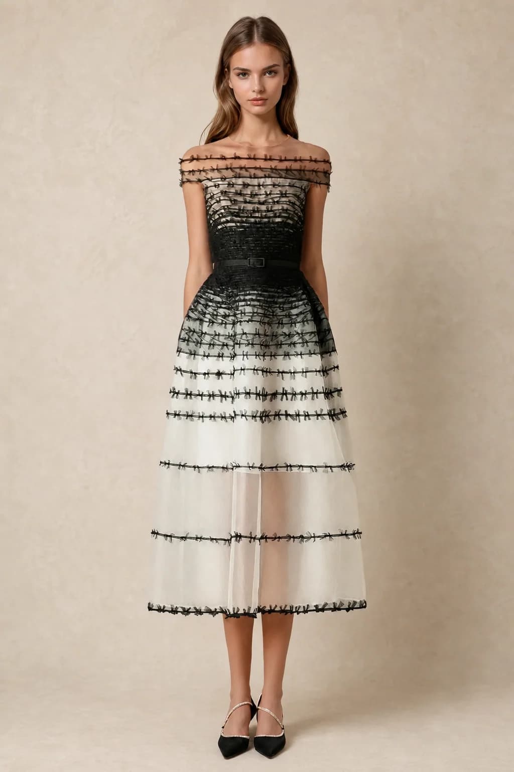 Robe midi en mesh à épaules dénudées