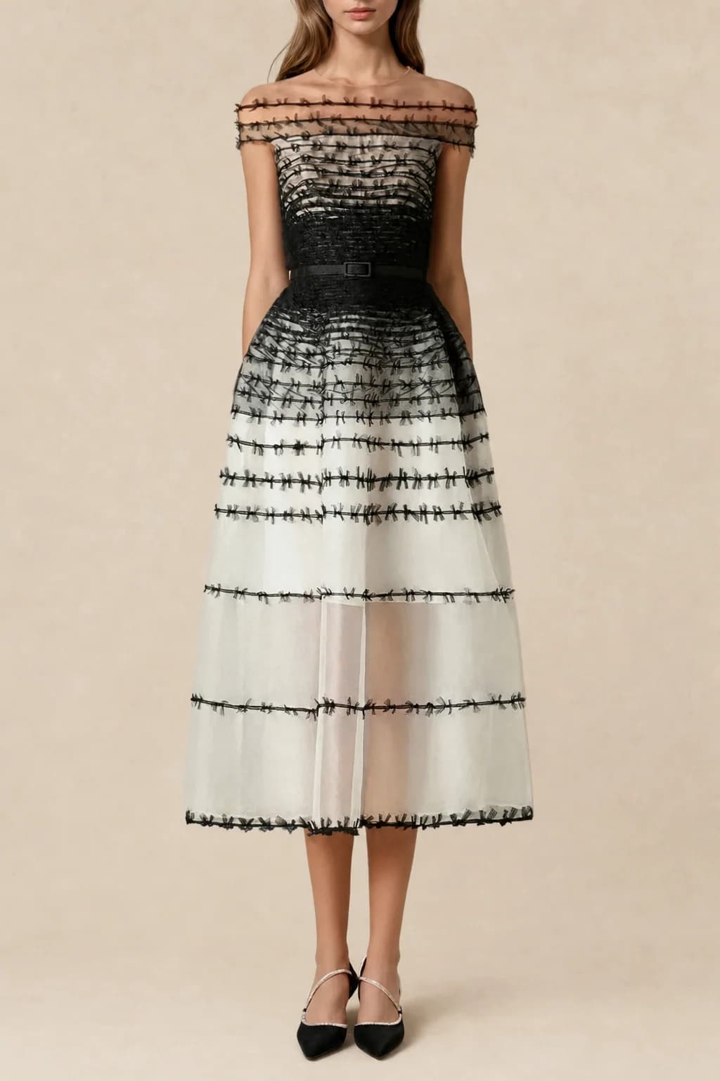 Robe midi en mesh à épaules dénudées