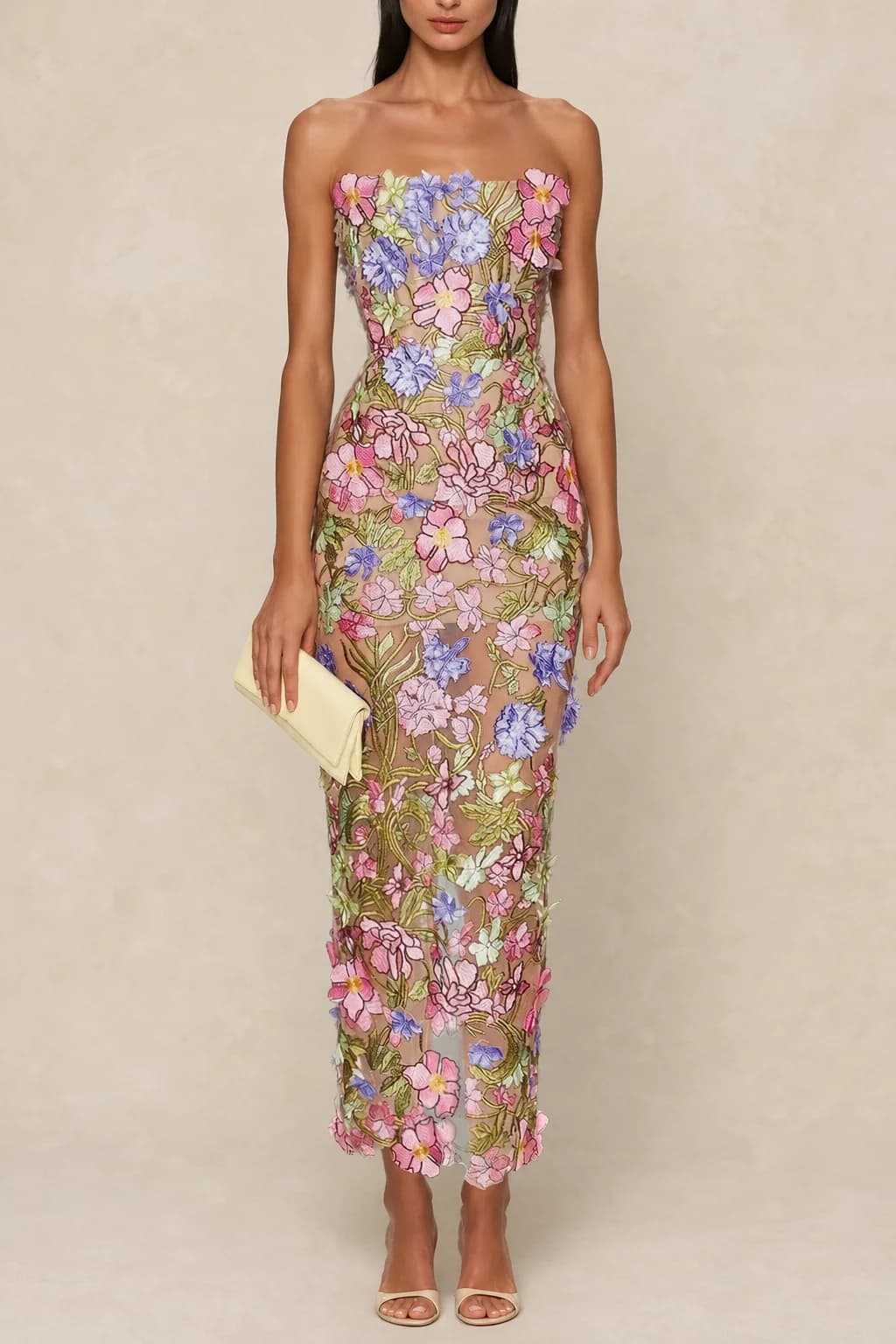 Robe longue bustier brodée de fleurs