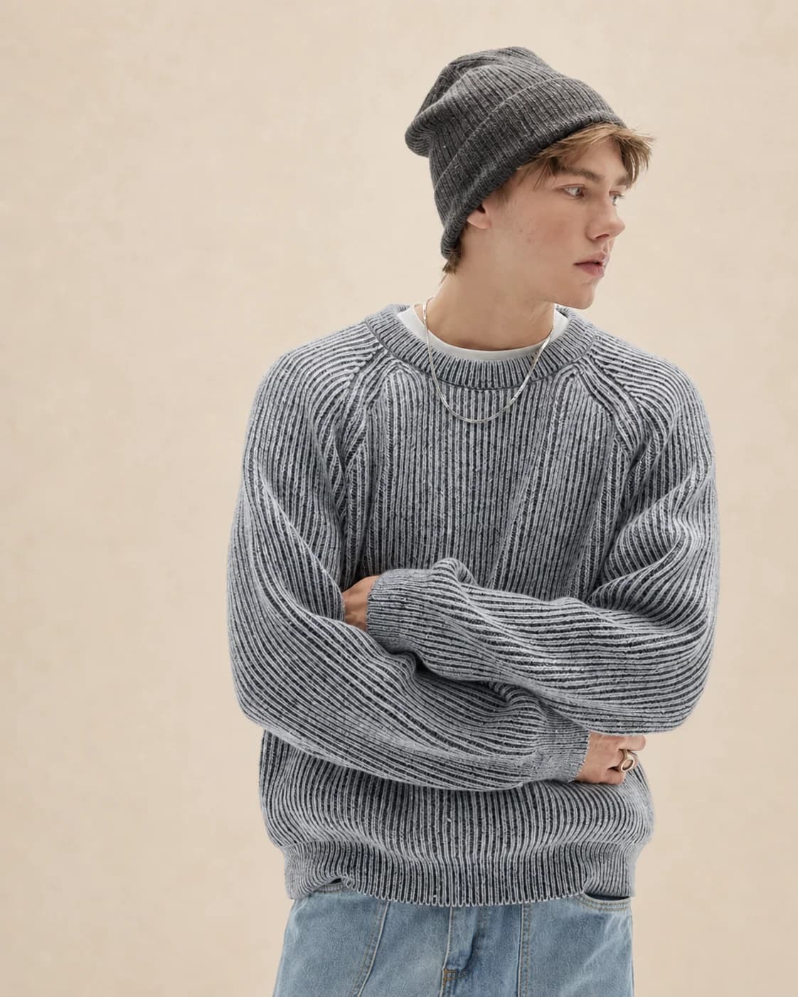 Pull homme côtelé à col rond