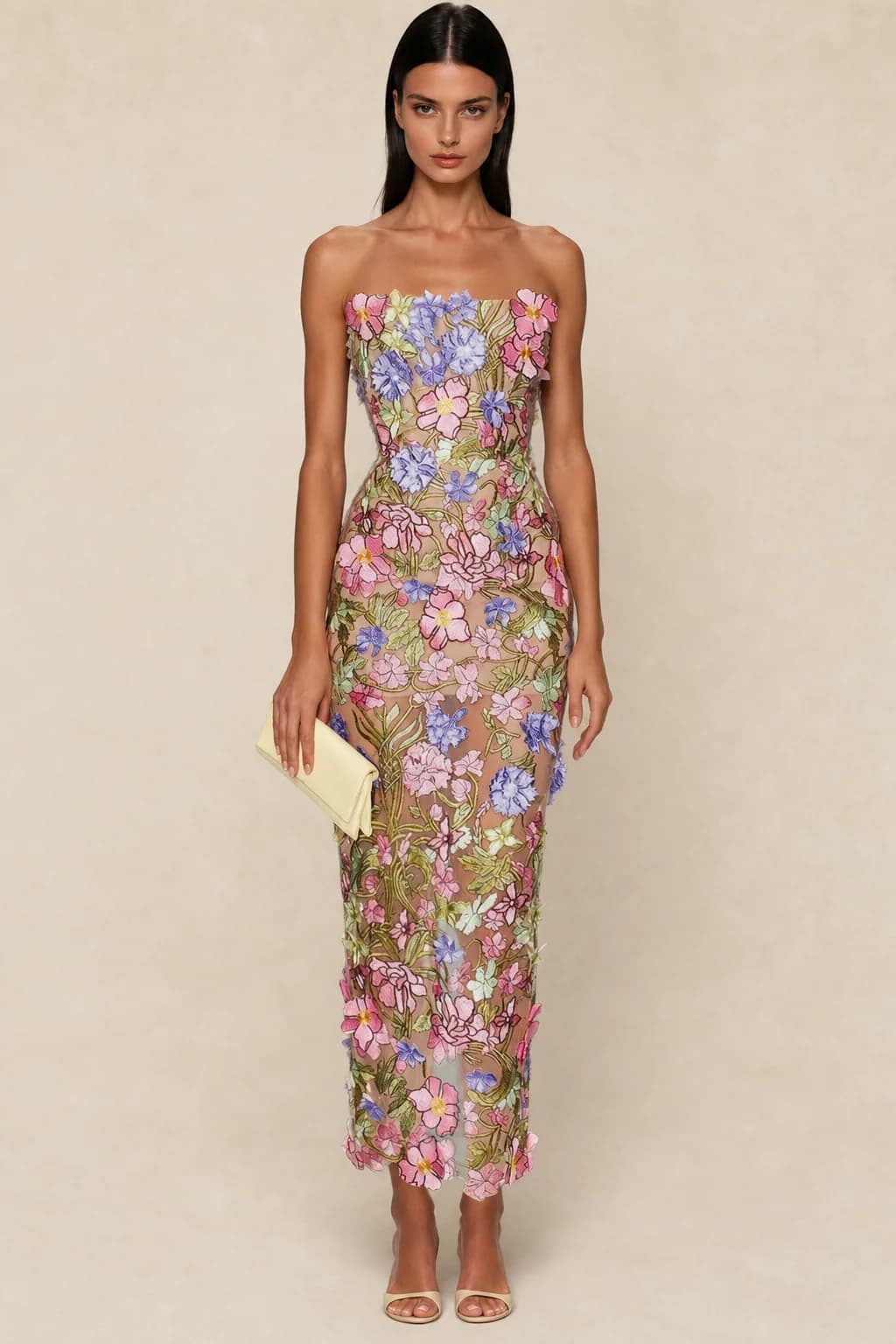 Robe longue bustier brodée de fleurs