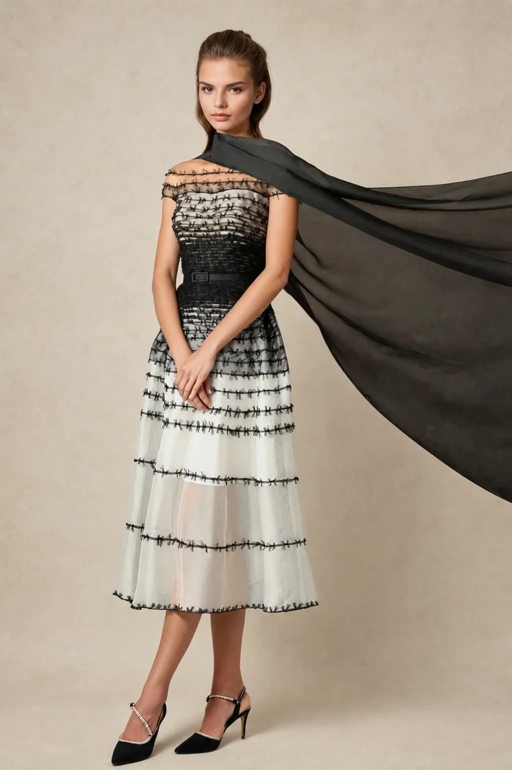 Robe midi en mesh à épaules dénudées